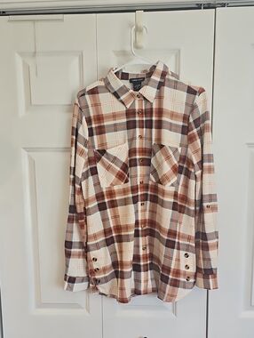 Robert Louis Cream Plaid Shirt Jacket with Brown & Navy Accents